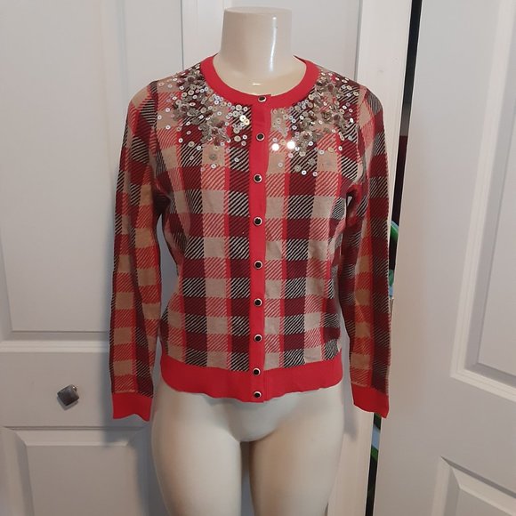 Charter Club Ravishing Red Sequined Plaid Cardigan Sweater - Picture 2 of 14